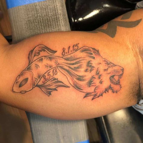 Pisces And Leo Tattoo Combined, Leo Pisces Tattoo, Leo And Pisces Tattoo, Leo Tattoo Ideas, Small Leo Tattoo, Leo Symbol Tattoos, Tattoos Mom, Small Lion Tattoo, Leo Constellation Tattoo