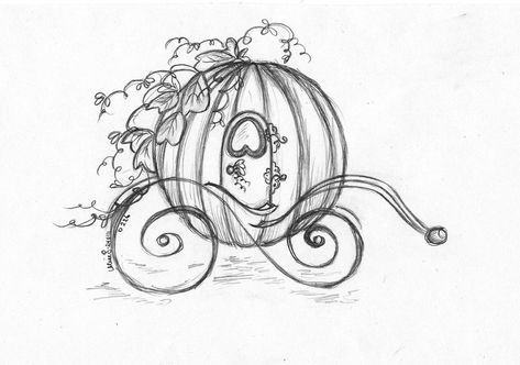 Cinderella Tattoo, Tattoos Black And White, Cinderella's Carriage, Cinderella Pumpkin Carriage, Cinderella Art, Disney Sleeve, Pumpkin Tattoo, Pumpkin Drawing, Cinderella Pumpkin