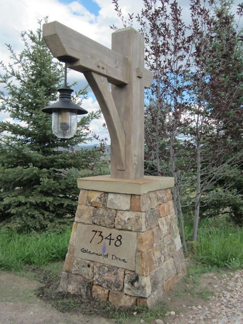 large rustic address post - Yahoo Search Results Image Search Results Outdoor Lighting Poles, Driveway Lights, Driveway Entrance Landscaping, Farm Entrance, Outdoor Lamp Posts, Driveway Lighting, Driveway Entrance, Light Post, Driveway Landscaping