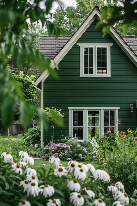 Dark Green Home Exterior White Trim, Green Outdoor Aesthetic, Green Painted House Exterior, Green Siding House, Light Green House, Green Home Exterior, Outdoor Paint Colors, Green House Exterior, Green Siding