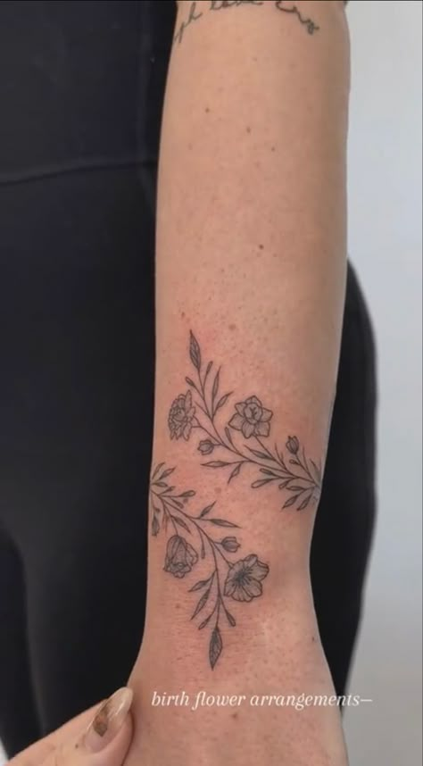 Wrapping Flower Tattoo, Flower Arm Cuff Tattoo, Daffodil Wrap Around Tattoo, Morning Glory And Aster Flower Tattoo, Aster And Morning Glory Tattoo September, Birth Flower Vine Tattoos, Primrose Tattoo Design, Morning Glory Vine Tattoo, Flower Cuff Tattoo