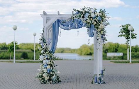 Classic Wedding Backdrop, Blue Wedding Backdrop, Elegant Wedding Backdrop, Powder Blue Wedding, Slate Blue Wedding, White Wedding Arch, Wedding Artwork, Samantha Wedding, Wedding Archway