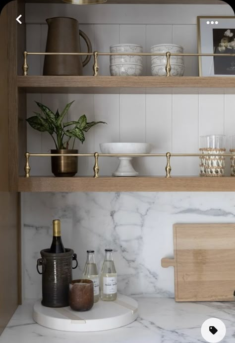 Walnut Open Shelving Kitchen, Plate Rack With Brass Rail, Aesthetic Kitchen Ideas, Ideas For Small Houses, Brass Gallery Rail, Kitchen Decoration Ideas, Gallery Rail, Metal Shelving, Coffee Bars In Kitchen