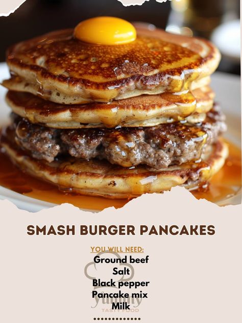 🥞🍔 Elevate your breakfast game with Smash Burger Pancakes! #BreakfastGoals #SmashBurgerPancakes Smash Burger Pancakes Ingredients: Ground beef (1 lb) Salt (1 tsp) Black pepper (1/2 tsp) Pancake mix (2 cups) Milk (1 1/2 cups) Eggs (2) Butter (for cooking) Instructions: Season ground beef with salt and pepper; form into small patties. Cook patties in a skillet over medium heat until browned; set aside. Prepare pancake batter by mixing pancake mix, milk, and eggs. Heat a griddle; melt butter... Breakfast Smash Burger, Pancake Smash Burger, Smash Burger Pancakes, Burgers With Egg, Black Soul Food, Soul Food Breakfast, Pancake Burger, Season Ground Beef, Breakfast Burger Recipe