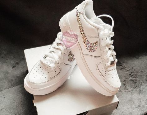 NIKE AIR FORCE ONE BLING SHOES Converse Wedding Shoes, Air Force 1 Shoes, Gymnastics Shoes, White Athletic Shoes, Diy Sneakers, Nike Air Force One, Custom Bling, Air Force One, Orange Shoes