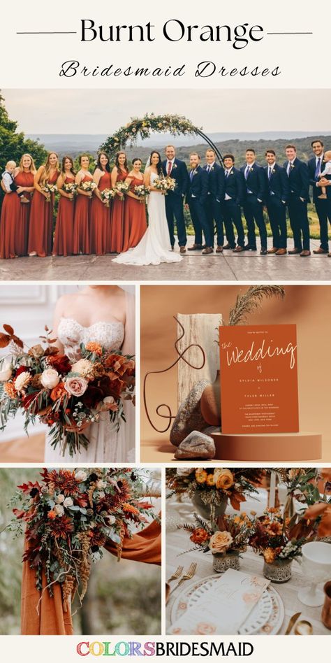 Red Burnt Orange Wedding, Wedding With Burnt Orange, Burnt Orange And Rust Wedding, Safe And Burnt Orange Wedding, Burnt Orange Bridal Dresses, Dusty Orange Wedding Theme, Burned Orange Bridesmaid Dresses, Wedding Theme Ideas Orange, Burnt Orange And Greenery Wedding