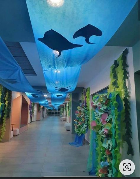 Under The Sea Cardboard Decorations, Under The Sea Crafts For Adults, Sea Backdrop Ocean Themes, Jellyfish Decorations Sea Theme, Dive Into A Good Book Display, Coral Reef Craft Diy Under The Sea, Aquatic Theme Decorations, Aquarium Party Decorations, Under Water Decoration