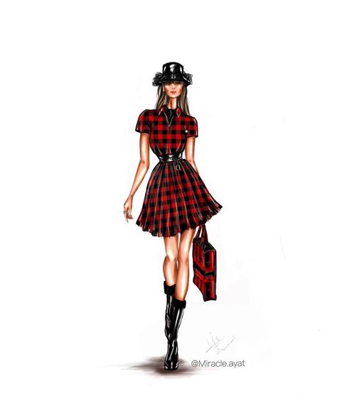 Accessories Fashion Illustration, Fabric Rendering, Womens Plaid Dress, Illustration Poses, Fashion Illustration Poses, Maria Grazia Chiuri, Fashion Illustration Dresses, Illustration Fashion Design, Illustration Fashion