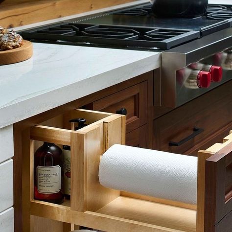 Rev-A-Shelf on Instagram: "Clean up your cleaning supplies with our 448PTH Series Paper Towel Pullout 🧼⁠ ⁠ Features a lower shelf for ample storage, a rear storage compartment, and a refillable paper towel holder. ⁠ ⁠ #revashelf" In Drawer Paper Towel Holder, Island Paper Towel Holder, Hidden Paper Towel Holder Kitchen, Paper Towel In Drawer, Paper Towel Drawer Kitchen, Kitchen Paper Towel Holder Ideas, Kitchen Cabinet Hacks, Paper Towel Drawer, Paper Towel Holder Ideas