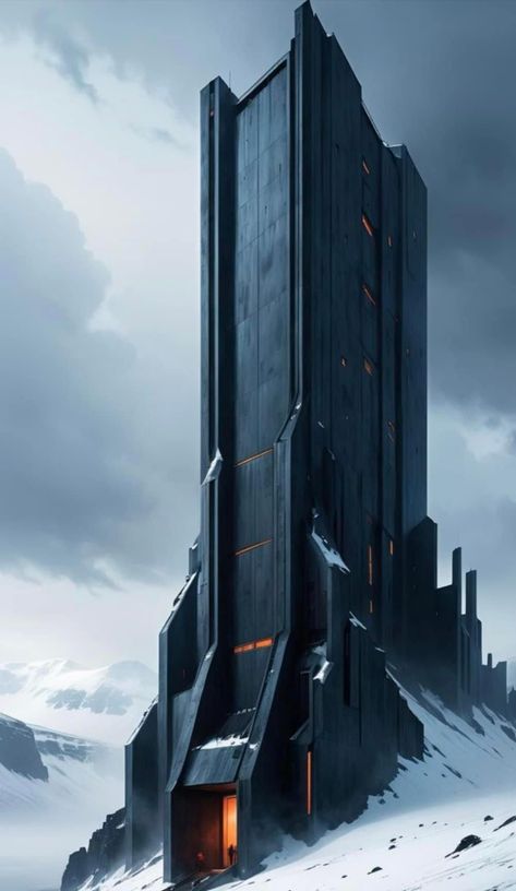 Sci Fi Castle Concept Art, Futuristic Industrial Architecture, Sci Fi Building Concept Art, Sci Fi Castle, Modern Office Building Architecture, Bunker Architecture, Sci Fi Base, Scifi Building, Black Architecture