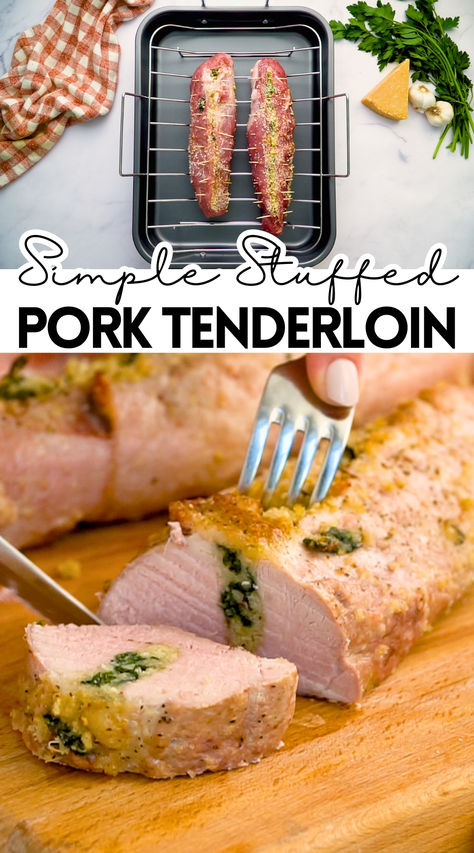 stuffed pork tenderloin raw and cooked with text Spinach Stuffed Pork Tenderloin, Stuffed Pork Roast In Oven, Whole Pork Tenderloin Recipes, Stuffed Pork Tenderloin Recipes In Oven, Stuffed Pork Loin Recipes Oven, Pork Tenderloin Seasoning, Stuffed Pork Tenderloin Recipes, Pork Tenderloin Recipes In Oven, Pork Loin Recipes Oven