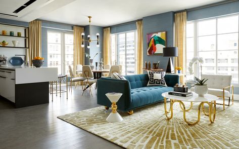 Jonathan Adler Outfits a Condo in Manhattan’s Trendy 70 Charlton | Architectural Digest Bedroom Luxury Design, Teal Living Room Decor, Luxury Design Print, Modern Cocktail Tables, Teal Living Rooms, Trendy Apartment, Bright Decor, White Carrara Marble, Hotel Suite