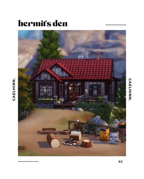 hermit’s den. a hidden lot by caelhinn | Caelhinn on Patreon Tiny Wooden House, Deep In The Woods, Maxis Match Cc, Patreon Logo, A Hill, House Built, Wooden House, In The Woods, The Sims