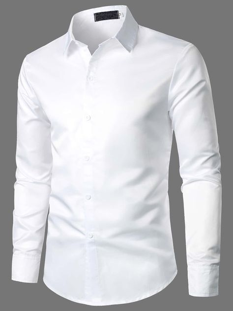 White Work  Long Sleeve Polyester Plain Shirt  Slight Stretch Spring/Fall Men Tops Mens Business Casual Shirts, Mens Business Casual, Stylish Shirts Men, Men Shirts, Business Shirts, Plain Shirts, Basic Shirts, Slim Fit Shirt, Stylish Shirts