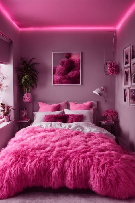 A cozy bedroom adorned with pink boho-inspired decor, providing ideas for creating a serene and stylish bohemian retreat in your living space. #PinkBohoBedroom #BohemianDecor #DreamyRetreat Pink Attic Bedroom, Magenta Room Ideas, Neon Bedroom Aesthetic Ideas, Hot Pink Bedroom Ideas, Pink And White Room Aesthetic, Pink Boho Bedroom Ideas, Fuschia Bedroom, Bedroom Interior Aesthetic, Hot Pink Bedroom Decor