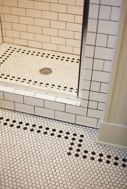 Black and White Hex Tile traditional bathroom                              … Black And White Floor Tiles, White Floor Tiles, Hexagon Bathroom, White Subway Tile Bathroom, Black And White Floor, Makeover Kamar Mandi, Black And White Tile, Patterned Bathroom Tiles, Vintage Bathroom Tile