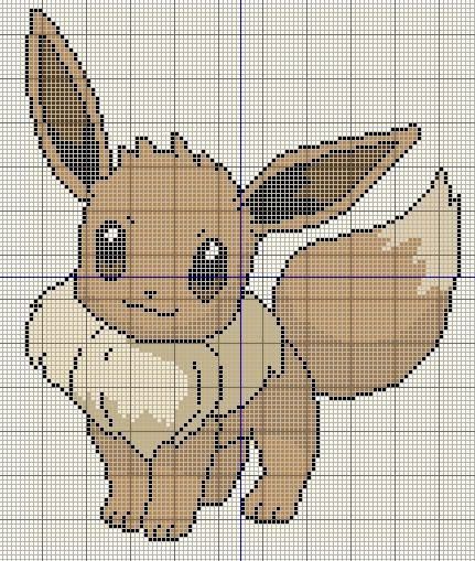 Buzy Bobbins: Eevee - Pokemon cross stitch design Pokemon Knitting Chart, Eevee Embroidery, Eevee Pixel Art, Charmander Cross Stitch, Eevee Pattern, Pokémon Eevee, Pokemon Cross Stitch Patterns, Pokemon Cross Stitch, Crochet Pokemon