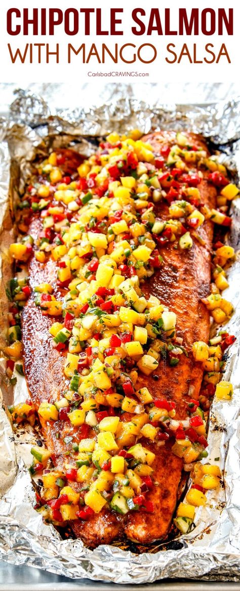 EASY Baked Chipotle Salmon with Mango Salsa (VIDEO!) Salmon Mango Salsa, Salsa Salmon, Salsa Video, Salmon Mango, Salmon With Mango Salsa, Chipotle Salmon, Recipes Mango, Salmon With Mango, Mango Salsa Salmon