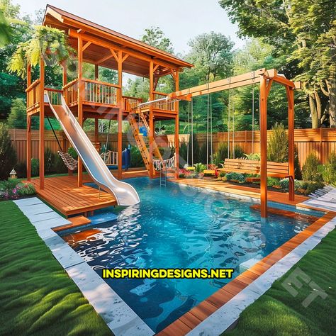 These Backyard Pool Playgrounds Bring the Water Park Right to Your Home Backyard Ideas With Pool And Playground, Backyard Pool Playground, Backyard Park Ideas, Pool With A Slide, Pool Jumping Platform, Backyard With Pool Ideas, Tree House Pool Slide, Big Backyard With Pool And Playground, Backyard Pool Waterslide