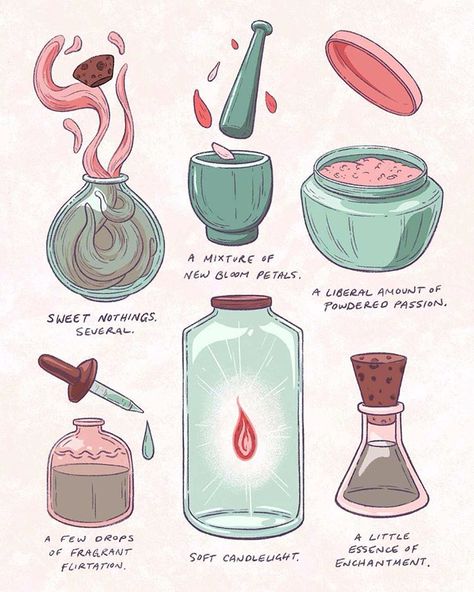 Love Spell Potion, Love Potion Ingredients, Potion Making Aesthetic, How To Make A Love Potion, Love Potion Aesthetic, Love Spell Aesthetic, Potions Ingredients, Ingredients Illustration, Spooky Apothecary