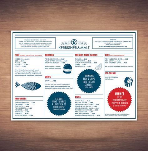 Kerbisher & Malt: Branding & Website on Behance Fish And Chips Menu, British Fish And Chips, Menu Design Inspiration, Fish Burger, Fish And Chip Shop, Fish Finger, Shop Sign Design, Cooked Food, Branding Website