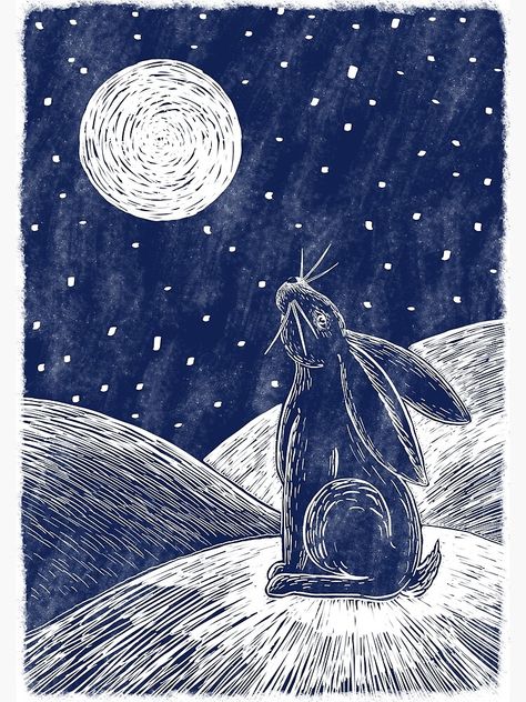 "Moon hare in the snow" Greeting Card by TheodoraG | Redbubble Ghost Rabbit, Woodcut Printmaking, Hare Illustration, Moon Gazing Hare, Moon Gazing, Moon Gazing Hares, Wild Hare, Inspiring Illustration, Carved Stamps