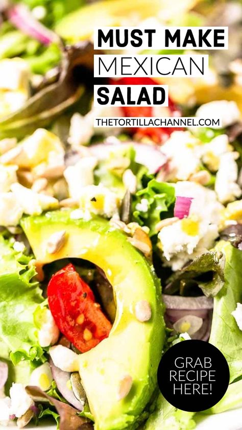 This delicious Mexican Salad with lime dressing recipe is so easy to make. Done in no time with all your favorite ingredients. Perfect as a side salad with tacos, enchiladas or fajitas but you can also serve it as a main course. Want to try? Visit thetortillachannel.com for the full recipe Salads To Serve With Mexican Food, Salad With Lime Dressing, Greens Vegetables, Tortilla Recipes, Mexican Salad Recipes, Healthy Tortilla, Mexican Salad, Natural Eating, Chili Verde