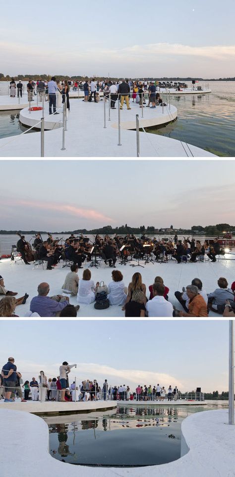 Interconnected Floating Piazzas : arcipelago di ocno Outdoor Performance Space Architecture, Water Pavilion, Floating Architecture, Floating Islands, Theater Architecture, Lotus Plant, Floating Platform, Floating Garden, Floating Island