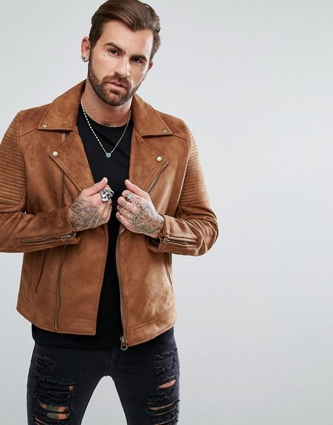 ASOS Faux Suede Biker Jacket In Tan Men Fashion and Female Style. Klick to see the Price Mens Suede Jacket, Leather Jackets Outfits, Rocker Jacket, Suede Trucker Jacket, Mens Clothing Guide, Style Archetypes, Mens Leather Jackets, Suede Biker Jacket, Suede Biker