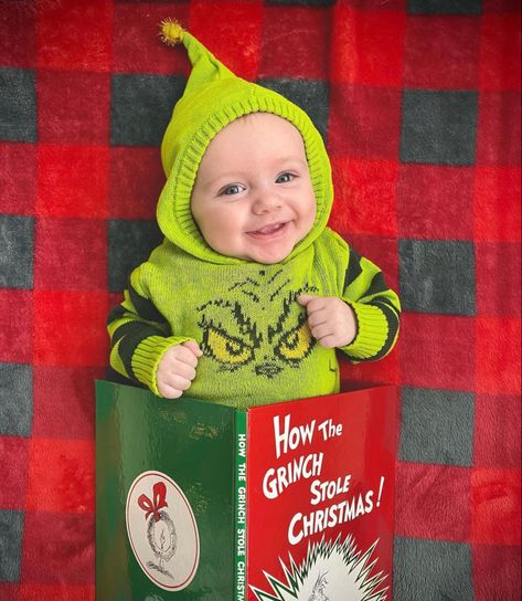 Grinch Photoshoot Props, Diy Christmas Pictures Baby, Baby Grinch Photoshoot, Diy Christmas Toddler Photoshoot, The Baby Who Stole Christmas, Grinch Baby Photoshoot, Grinch Newborn Photoshoot, Grinch Photoshoot Ideas, Christmas Baby Photoshoot