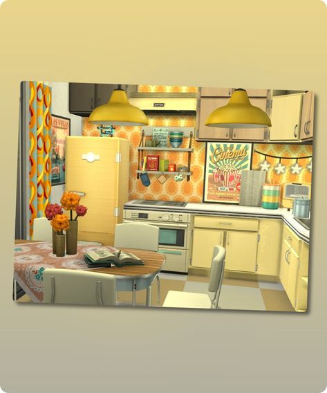 Sims 4 Kitchen CC: Retro Kitchen Sims 4 Cc Colorful Kitchen, Sims Retro Cc, Sims4cc Kitchen, Sims4 Ideas, Retro Apartment, Sims 4 Kitchen, Hall House, Sims 4 Cc Download, Eclectic Kitchen