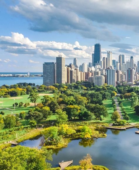 Aerial view of Chicago skyline from Lincoln Park, Illinois, USA Lincoln Park Chicago, Urban Beauty, Chicago Skyline, Lincoln Park, Travel Outdoors, City Living, Favorite City, City Skyline, Aerial View