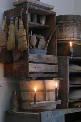 Primitive wood shelf and brooms! | Primitives Primitive Shelves, Primitive Kitchens, Primitive Bedroom, Primitive Country Homes, Primitive House, Country Primitive Decor, Primative Decor, Primitive Homes, Prim Decor