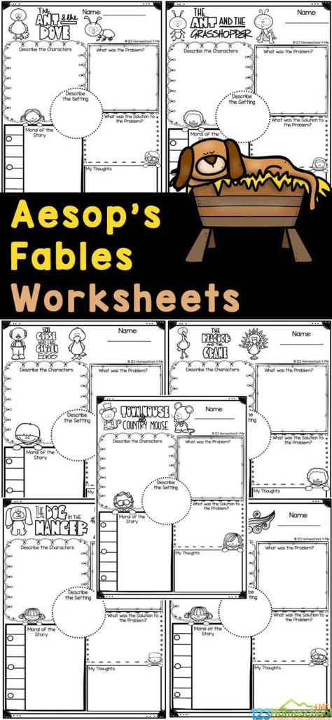 These fun, free Aesops's Fables printables are a great way to learn morals using 10 different children's fables! These Aesop's Fables worksheets allow kindergarten, first grade, 2nd grade, 3rd grade, and 4th grade students to learn to read, have fun and understand the meaning of different morals. Simply print the aesop fables for kids pdf and you are ready to play and learn! Ckla First Grade Fables And Stories, Fables Activities Kindergarten, Fable Activities Preschool, Fable Graphic Organizer, Moral Of The Story First Grade, Aesop's Fables Activities, Fable Activities 2nd Grade, Aesops Fables Printables, Fable Anchor Chart For 2nd Grade