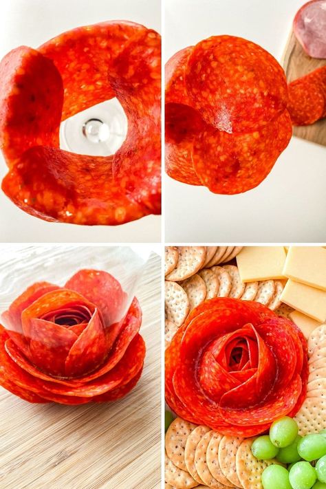 Serve up this meat and cheese charcuterie board. I also share how to make meat roses as a gorgeous presentation value. A tasty appetizer. Learn how to make a salami rose, pepperoni or ham. Give this easy charcuterie recipe a try. #charcuterie #salami #appetizer #snack #recipe #partyfood #meatrose #pepperonirose #hamrose #best #howtomake Charcuterie Board Pepperoni Rose, Flower Meat And Cheese Tray, How To Make A Rose Out Of Pepperoni, Peperoni Rose Charcuterie, Charcuterie Pepperoni Rose, Pepperoni Rose How To, How To Make A Charcuterie Rose, How To Make Pepperoni Roses, Pepperoni Roses Charcuterie