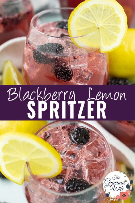 Fresh, bubbly, and a little sweet, this fun and pretty Blackberry Lemon Spritzer is made with real blackberries. It's perfect for all occasions and can be made into a mocktail or a cocktail. Mocktail Spritzer, Spritzer Cocktails, Spritzer Drink, Wine Spritzer Recipe, Blackberry Lemon, Pitcher Drinks, Spritzer Recipes, Blackberry Wine, Lemon Cocktail