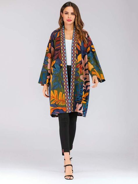 Shein Graphic Print Open Front Kimono Kimono Styles, Short Sleeve Kimono, Mode Kimono, Plus Size Kimono, African Dresses Modern, Chiffon Kimono, Trendy Dress Outfits, Cover Beachwear, Womens Kimono