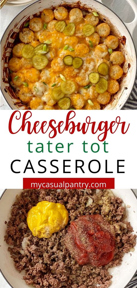 This Cheeseburger Tater Tot Casserole is a one-skillet dinner combining everyone's favorite burger flavors. A quick and easy meal for weeknights that the whole family will love. Burger Flavors, Cheeseburger Tater Tot Casserole, Tater Tot Recipes, Tater Tot Casserole Recipes, Cheeseburger Casserole, Tot Casserole, Tater Tot Casserole, Beef Casserole Recipes, Ground Beef Casserole