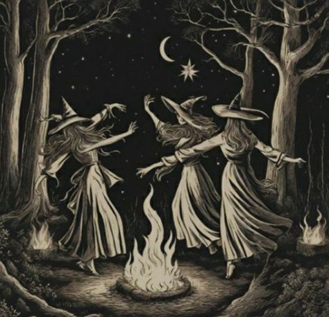 Occult Witch Aesthetic, Witch Coven Illustration, In The Company Of Witches Aesthetic, Spells Witchcraft Aesthetic, Witch Painting Aesthetic, Witch Circle Aesthetic, Vintage Witch Drawing, Witch Aesthetic Illustration, Spooky Witch Aesthetic