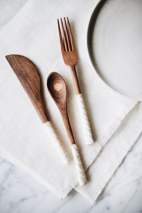 Connected Goods Olive Wood Appetizer Serving Set | Anthropologie Fancy Utensils, Wild Olive, Wood Utensils, Wooden Kitchen Utensils, Eating Utensils, Carved Bone, Organic Forms, Wooden Utensils, Handmade Kitchens