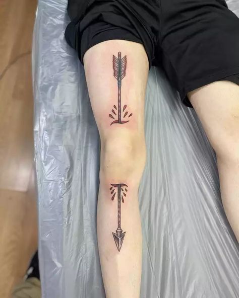 Almost there... my Prometheus/Giger inspired sleeve done by Ravi-Lassi, Helsinki, FI - Imgur Arrow Through The Knee Tattoo, Bow And Arrow Tattoo On Knee, Arrow Knee Tattoo, Skyrim Tattoo Ideas, Dnd Tattoos, Bow Hunting Tattoos, Tattoos Big, Skyrim Tattoo, Tattoo 2023