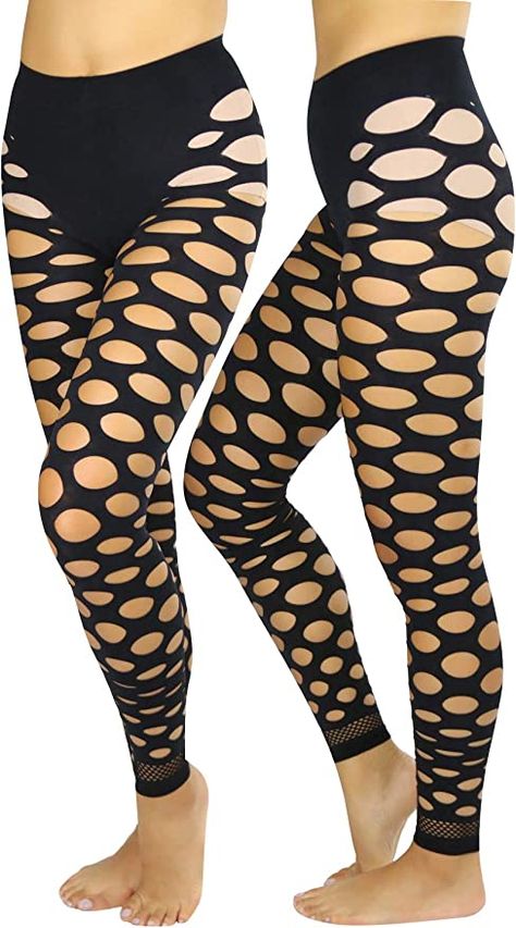 ToBeInStyle Women's Fishnet Slashed Leggings w/Footless Design - One Size - Black at Amazon Women’s Clothing store: Tights Design Tights, What Is My Style, Footed Leggings, Edc Outfits, Edm Outfits, Footless Tights, Spandex Leggings, Mesh Design, Black Tights