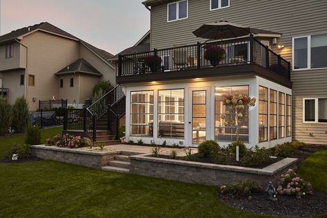 3 Season Porch Under Deck, Screened In Porch With Balcony Above, 2 Story Deck With Screened In Porch, Upper Deck Ideas Second Story Screened In Porch, Screen Porch Under Deck Ideas, Decks Over Walk Out Basement, Screen Room On Deck, Screened In Patio Under Deck, Walk Out Deck Ideas