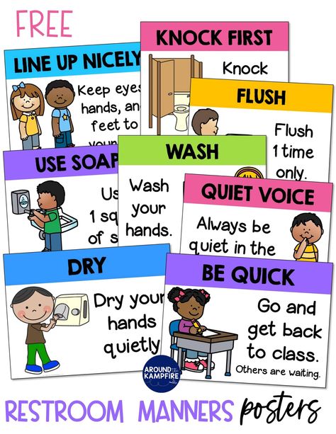 Following Classroom Rules Activities, Setting Expectations In Classroom, Washroom Rules For School, Free Classroom Rules Posters, Bathroom Posters Printable Free, Bathroom Expectations At School, Bathroom Visuals For Kids, Bathroom Rules Printable Free, Free Classroom Rules Printables