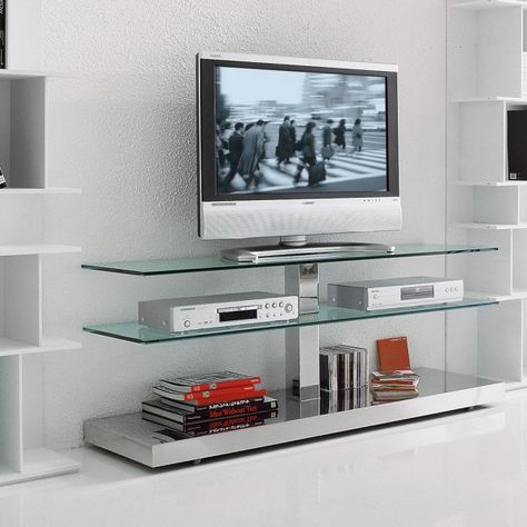 Glass Entertainment Center, Glass Shelves In Bathroom, Glass Shelves Decor, Glass Shelves Kitchen, Glass Tv Stand, Floating Glass Shelves, Flat Tv, Shelf Decor Living Room, Living Room Built Ins