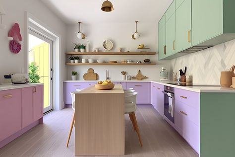 Post Modern Interior Design Kitchen, Purple Green Kitchen, Green And Purple Kitchen, Purple And Green Kitchen, Bestie Apartment, Interior Design Pastel, Purple Kitchens, Cozy Modern Interior, Modern Interior Kitchen