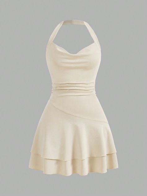 SHEIN MOD Knitted Halterneck Slim Fit Women's Bodycon DressI discovered amazing products on SHEIN.com, come check them out! High School Grad Outfits, Short Simple Dresses, Beige Dress Aesthetic, Beige Dress Short, Tan Dress Outfit, Beige Dress Outfit, Beige Clothes, White Dress Short, Beige Clothing