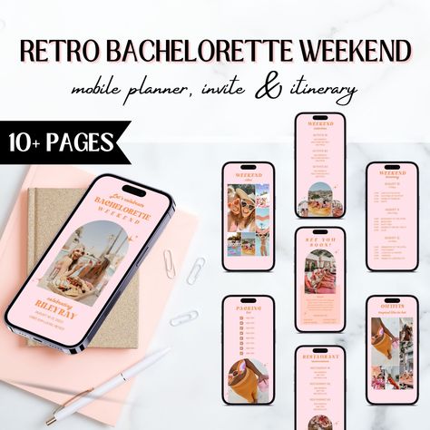 Make your bachelorette weekend planning stress-free with professional Digital Retro Bachelorette Itinerary Template! This 11-page digital hyperlinked template provides the framework you need to curate a personalized and unforgettable event. From a vibrant cover page to weekend itinerary, and even a packing checklist, this itinerary template has everything you need to ensure your bachelorette party is an unforgettable experience. Weekend Planner, Party Itinerary, Retro Bachelorette, Bachelorette Party Itinerary, Bachelorette Itinerary, Weekend Itinerary, Packing Checklist, Weekend Activities, Itinerary Template