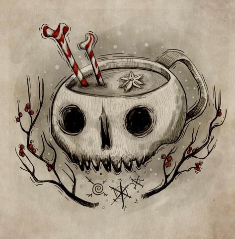 Eggnog Illustration, Christmas Art Drawing, Christmas Horror Art, Creepy Skull, Xmas Drawing, Christmas Lockscreen, Skull Christmas, Scary Christmas, Christmas Horror