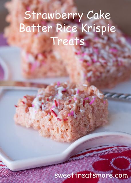 Strawberry Cake Batter Rice Krispie Treats   1 (16 oz) bag Marshmallows 3 1/2 tbsp butter 1 tsp vanilla extract 3/4c. Strawberry Cake Mix 5-6c. Rice Krispie Cereal white chocolate or almond bark for drizzling pink & red sprinkles  Melt marshmallows, butter, & vanilla in Lg pot over med. heat. Stir in cake mix when marshmallows are almost completely melted. Stir til smooth. Gently mix in Cereal & press into a lightly greased 9 X 13 inch pan.  Drizzle white chocolate over the top. Use   sprinkles. Strawberry Cake Batter, Chocolate Rice Krispie Treats, Peppermint White, Krispie Treats Recipe, Strawberry Cake Mix, Cereal Treats, Rice Krispy, Rice Crispy Treats, Dairy Free Dessert